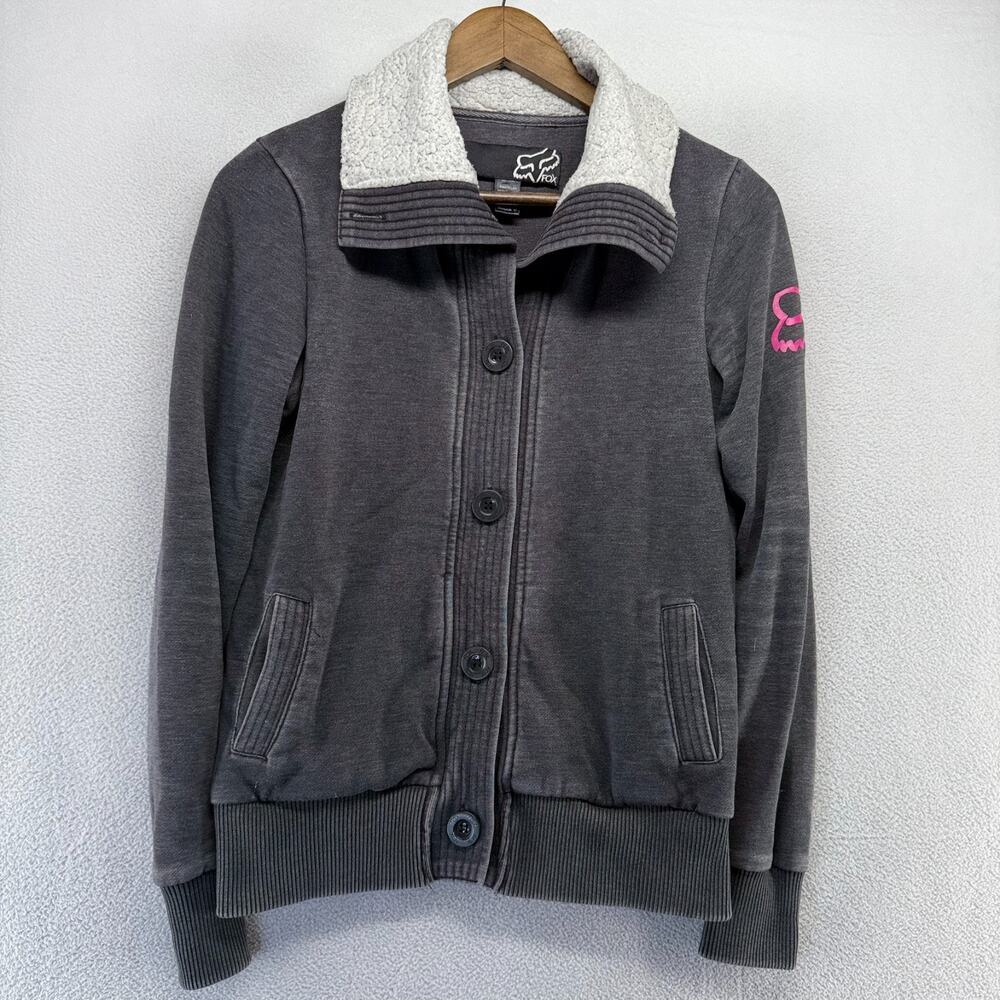 Vintage Fox Racing Sweater Women's Medium Gray Cardigan Faux Sherpa Collar y2k